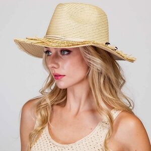 Unique Beige Fedora Pinched Brim Fringed Classic Panama Style Straw Hat Beads